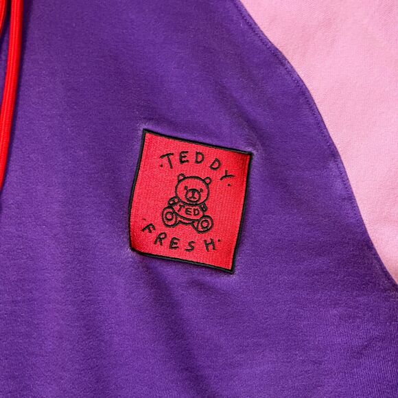 Teddy Fresh Mens Hoodie Medium Purple Pink Sweatshirt Sweater Preppy Lounge Top - Picture 3 of 10